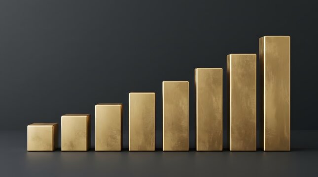 Shiny golden bar chart rising steadily against deep dark background illustrating financial growth progress and successful investment strategy for businesses
