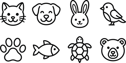 Set of cute hand drawn animal icons including cat dog rabbit bird fish turtle and bear faces