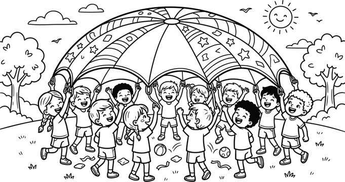 Happy diverse preschool children playing parachute game together at sunny summer park playground outline vector coloring page illustration