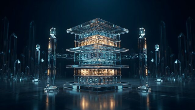 Symmetrical layered crystal archives with holographic data ribbons in deep blue &ndash; Ideal for enterprise data governance, cyber security, or database management systems.