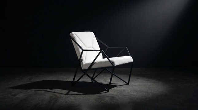 Modern minimalist chair in dramatic lighting on dark background
