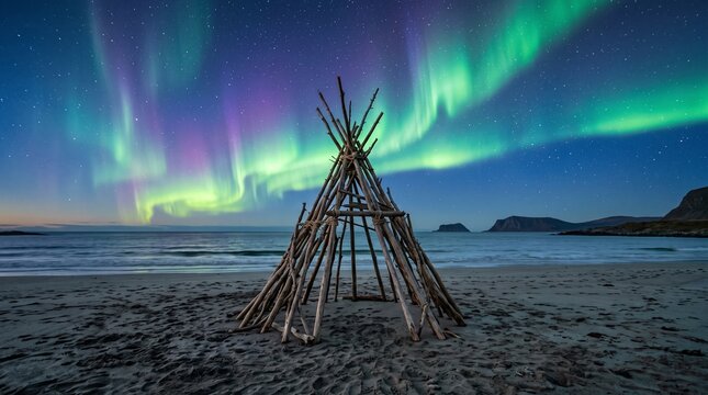 Stunning aurora borealis over beach with wooden structure at night