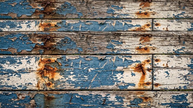 Weathered blue and white wooden plank background with rust patterns