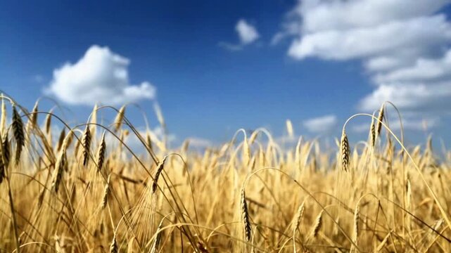 Close up of ripe golden wheat ears swaying in the wind against a blue sky with moving clouds. Wheat field  for agriculture, harvest and food projects.
