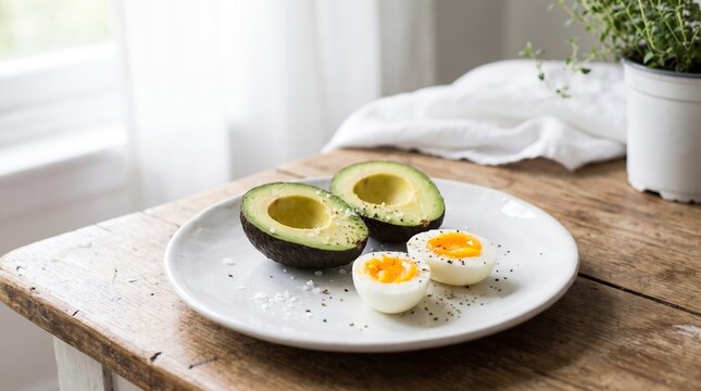 Healthy breakfast with avocado and eggs on a white plate. Fresh, nutritious meal for wellness and diet plans.