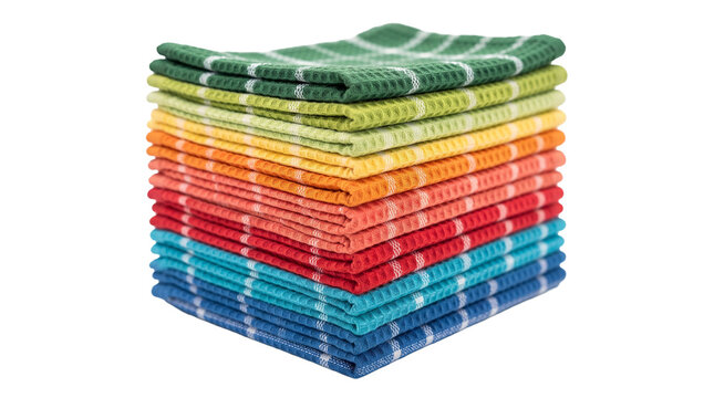 A stack of colorful waffle weave kitchen towels arranged in a rainbow gradient isolated on a black background