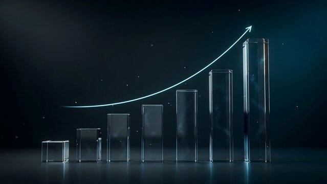 Translucent glass bar chart columns rising with glowing data line for forecasting &ndash; Ideal for stock market predictions, financial analytics, or corporate revenue growth graphics.