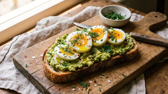 Avocado toast with boiled eggs on wooden board. Healthy breakfast with fresh ingredients.