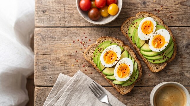 Healthy avocado eggs toast breakfast. Nutritious meal with fresh ingredients and vibrant presentation