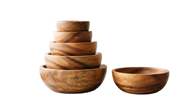 A stack of various sized wooden bowls with one separate bowl isolated on a black background