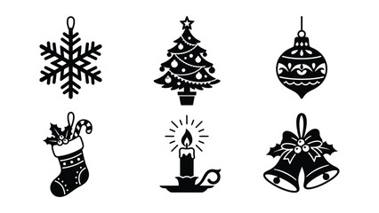 Naklejka premium Black and white holiday icons set featuring festive symbols with transparent background