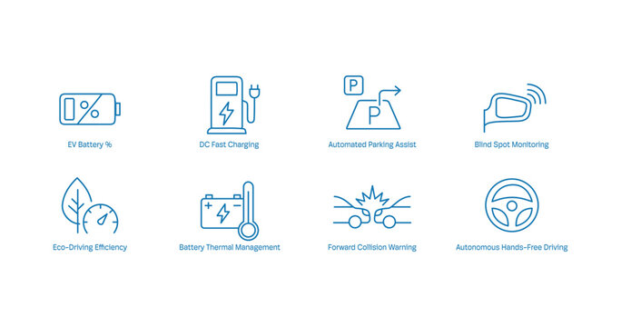 EV Charging and Autonomous Safety Features Outline Icons