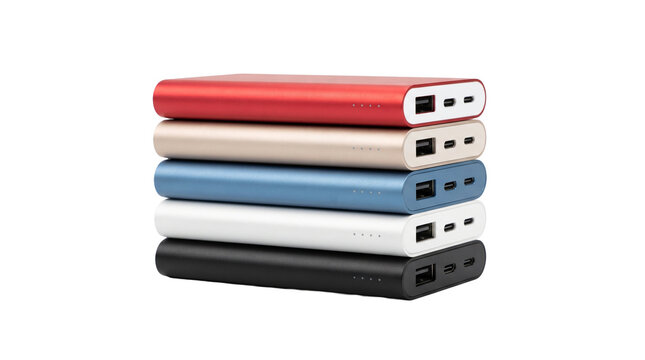 A stack of colorful portable power banks isolated on a black background for mobile device charging