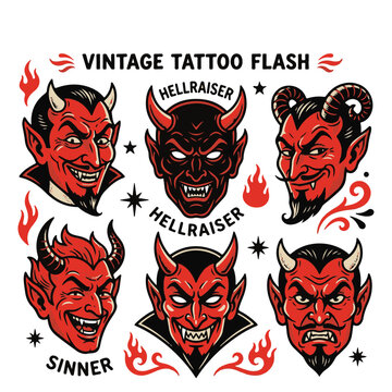Vintage Devil Tattoo Flash Sheet with Hellraiser and Sinner Text