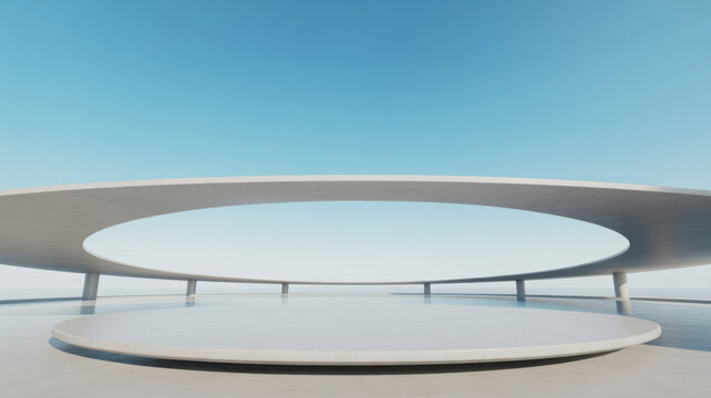 Minimalist circular architectural structure with a clean empty platform against a clear blue sky.