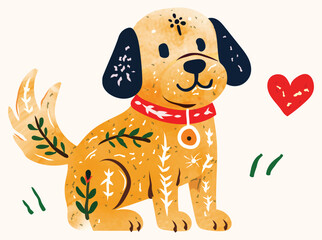 Fototapeta premium Adorable folk art puppy illustration featuring decorative floral patterns, a red collar, and playful botanical details in a Scandinavian-inspired flat vector style. Perfect for nursery and pet designs