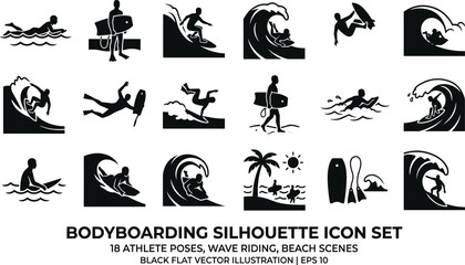Obraz premium Bodyboarding silhouette icon set featuring 18 athlete poses, wave riding, beach scenes, fins, bodyboard, black flat vector illustration