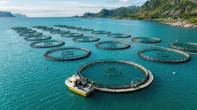 Stunning aerial drone shot of rectangular fish ponds forming a beautiful, clean geometric pattern. The water is clear turquoise and green, divided by neat earthen berms