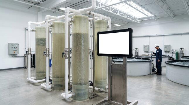 Inside a clean, modern recirculating aquaculture system (RAS) facility with neat pipes and large circular fish tanks filled with clear water screen mockup