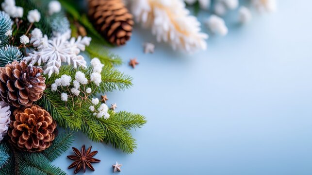 Winter holiday arrangement with pine cone, fir branch and snowflake decor