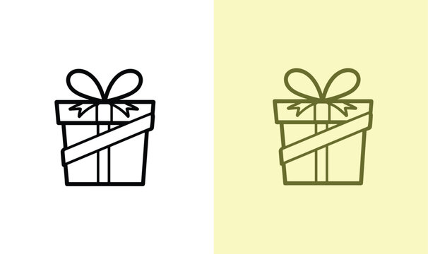A simple outline illustration of a gift box with a ribbon and bow on a pale yellow background
