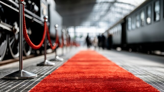 Red carpet walkway leading towards vintage trains inside spacious terminal