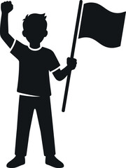Silhouette of boy with raised hand holding waving flag on white background