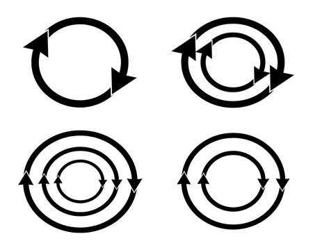 Set of black circular arrow rotation signs and cycle icons with rotation business continuous direction abstract illustration