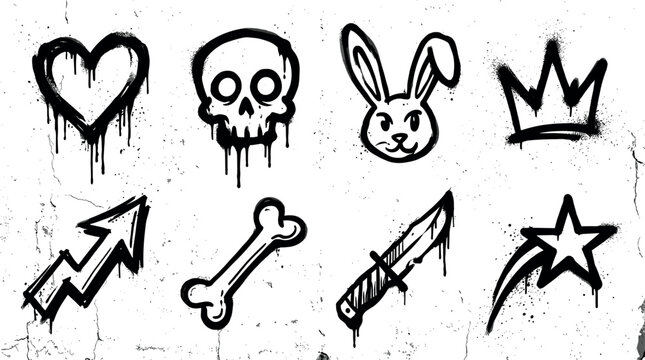 Graffiti spray paint icon set featuring dripping heart skull rabbit crown lightning arrow bone dagger and star isolated on white background