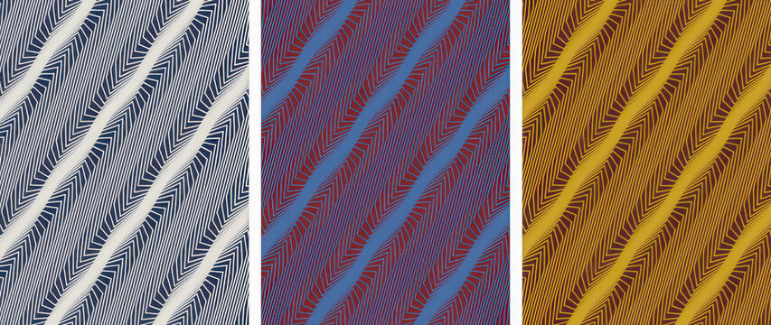 Batik pattern set. Traditional Indonesian textile designs with diagonal wavy lines.