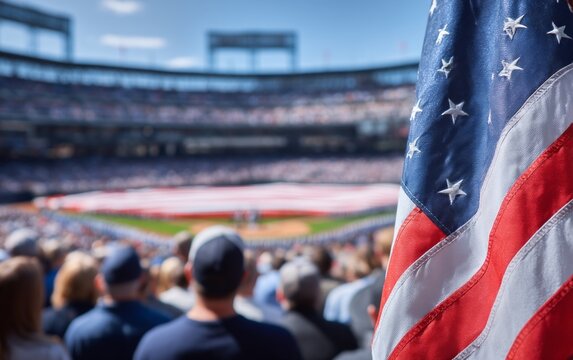 American flag focused close-up during patriotic baseball stadium event ceremony