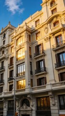 Fototapeta premium Low Angle Street View of Classic Gran Via Architecture Facades under Blue Sky in Madrid