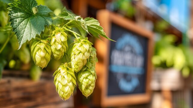 Fresh green hop cones hanging on vine in brewery garden with blurred background