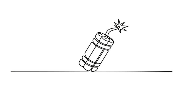 Continuous one line drawing of a dynamite stick with a lit burning fuse