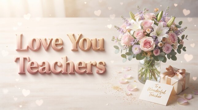 Beautiful bouquet of flowers with a greeting card for teachers day celebration on a light wooden background