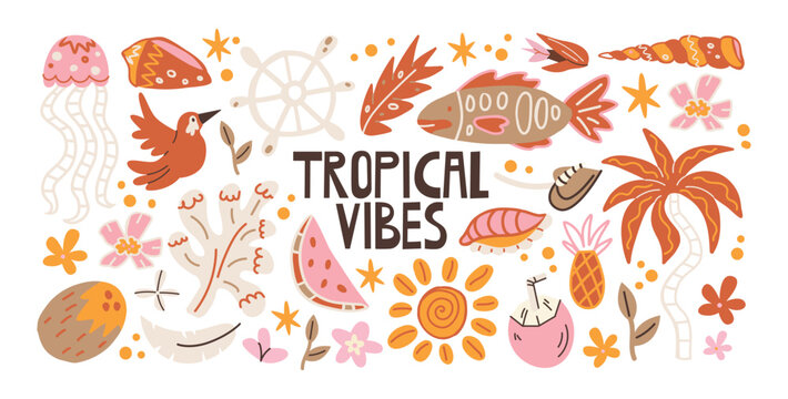 Tropical summer stickers with palm tree, tropical fish, coconut, pineapple, watermelon, seashells and island nature, inspired by exotic beach vacations, coastal paradise and tropical holiday atmospher