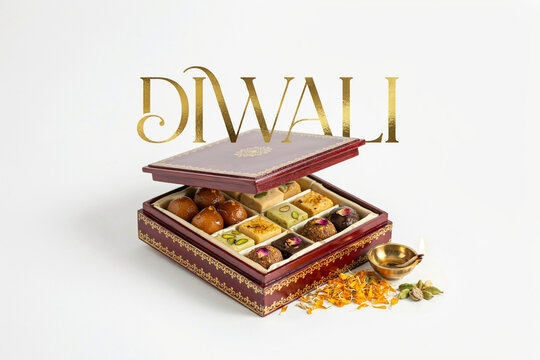 Golden stylized DIWALI text above a beautiful open box containing various delicious traditional Indian sweets next to a small lit oil lamp and marigold petals