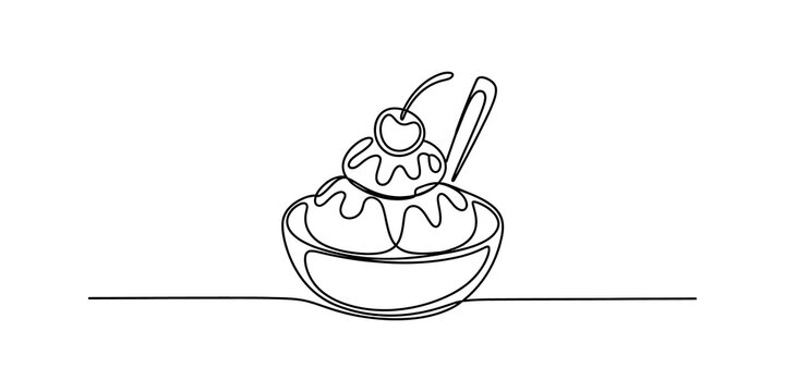 Continuous one line drawing of ice cream sundae in a glass bowl
