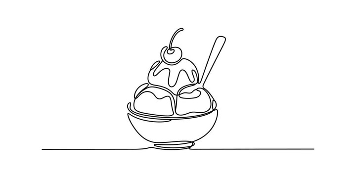 Continuous one line drawing of ice cream sundae in a glass bowl