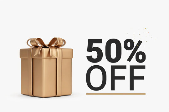 A golden gift box with a decorative bow stands beside a prominent 50 percent off text advertisement for a special seasonal sale promotion discount voucher