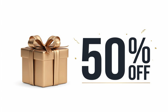 A beautifully rendered golden gift box featuring an elaborate decorative ribbon bow is positioned directly alongside a significant "50% OFF" text display representing a special promotional offer