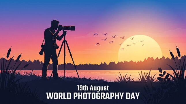 Silhouette of a photographer using a tripod to capture a beautiful sunset landscape on world photography day