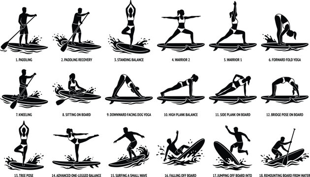 Stand up paddle board yoga poses silhouettes, paddleboarding exercise vector set, SUP balance posture icons, water sports activity diagram