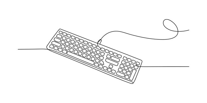 Continuous one line drawing of a computer keyboard with a cable