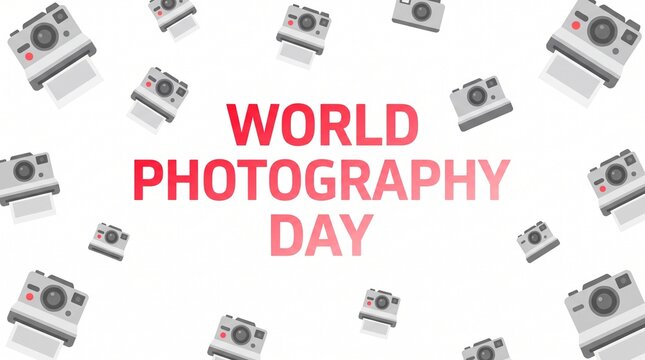 World photography day celebration background with vintage instant cameras pattern on a clean white backdrop