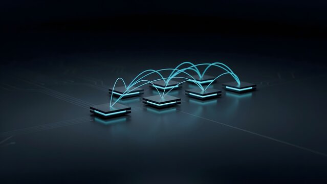 Black processor chips on reflective surface depicting edge computing &ndash; Suitable for distributed data networks, cloud edge tech, or semiconductor slides.