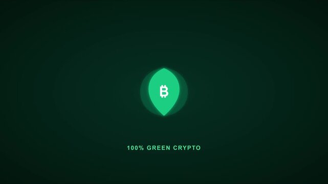 100% green crypto bitcoin symbol animation with sustainable eco leaf for sustainable blockchain technology and digital finance concepts 4k