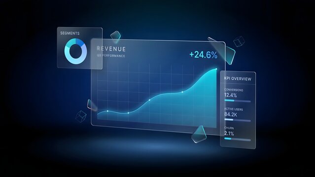 Translucent financial dashboard displaying charts and key metrics in cyan &ndash; Suitable for stock market analysis, business intelligence platforms, or data apps.