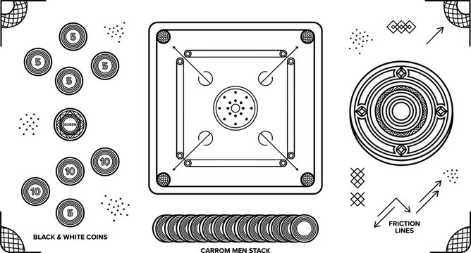 Carrom board game vector elements set featuring carrom men coins striker design diagram plan layout blueprint isolated on white background