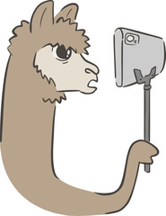 Fototapeta premium Vector llama holding smartphone on selfie stick, talking during funny live streaming session